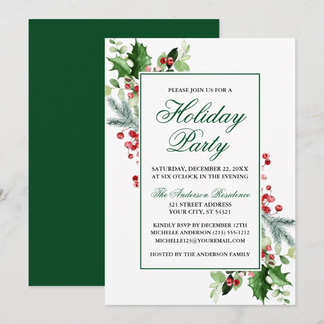 Convite Watercolor Winter Greenery Holly Holiday Party (Frente/Verso)