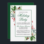 Convite Watercolor Winter Greenery Holly Holiday Party<br><div class="desc">Convite para o Partido Feriado do Elegante Watercolor Winter Greenery Red Holly Berries - Script Verde</div>