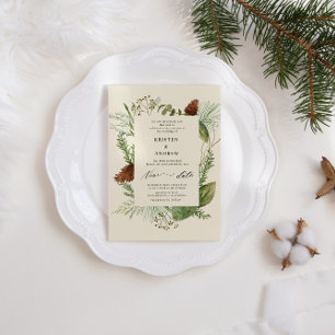 Convite Watercolor Winter Greenery Posicionando Casamento