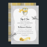 Convite Watercolor Winter Owl Christmas Sip and See<br><div class="desc">Amarelo e cinza bonitos têm o mesmo tema que o natal e veem o convite com uma coruja-mamã,  um ninho com ovos e um padrão de xadrez que pode ser revertido conforme as especificações do seu evento.</div>