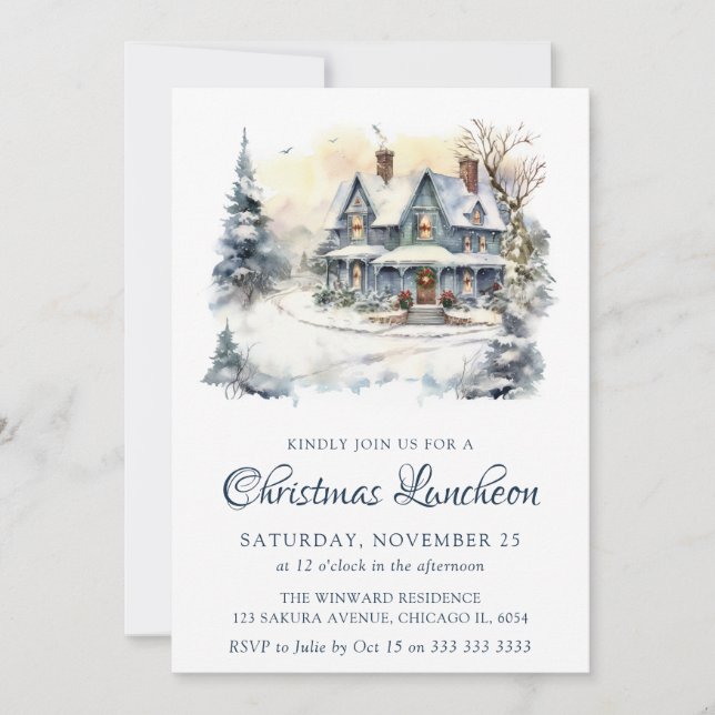 Convite Watercolor Winter Snowy Sceny Christmas Luncheon (Frente)