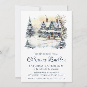 Convite Watercolor Winter Snowy Sceny Christmas Luncheon