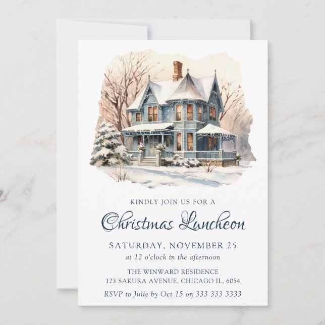 Convite Watercolor Winter Snowy Sceny Christmas Luncheon (Frente)