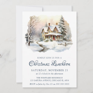 Convite Watercolor Winter Snowy Sceny Christmas Luncheon