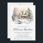 Convite Watercolor Winter Snowy Sceny Christmas Luncheon<br><div class="desc">Cena de Neve de inverno com design de fundo branco e de casas e árvores</div>