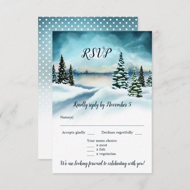 Convite Watercolor Winter Wonderland Weding Menu RSVP (Frente/Verso)