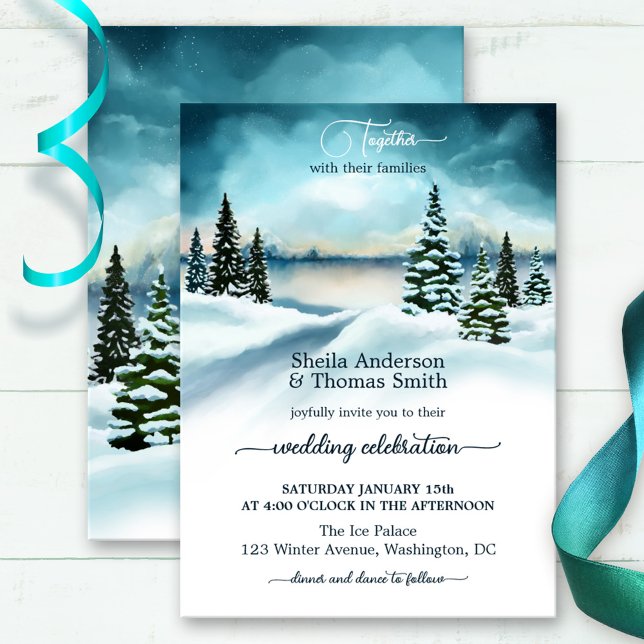 Convite Watercolor Winter Wonderland Weditation (Winter wedding invitation featuring a watercolor painting in a snow covered landscape with pine tree)