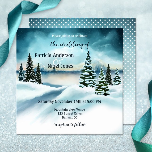 Convite Watercolor Winter Wonderland Weditation (Winter wedding invitation with a watercolor winter wonderland  scene with snow capped pine trees)