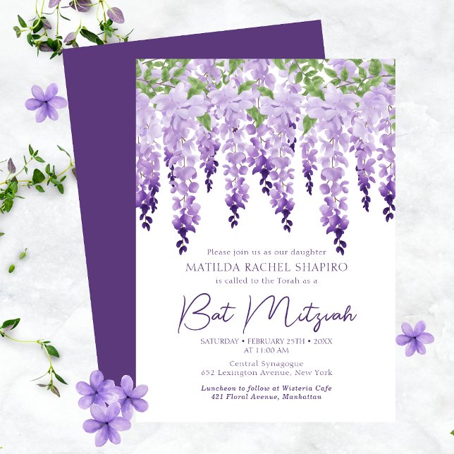 Convite Watercolor Wisteria Bat Mitzvah (Criador carregado)
