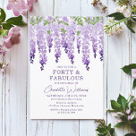 Convite Watercolor Wisteria Quarenta e Fabulosa Chic<br><div class="desc">Watercolor Wisteria 40 & Fabulous Floral Chic apresenta elegantes flores de wisteria de aquarela em lavanda macia e roxo com folhas verdes em fundo branco com suas informações de convite para aniversário de 40 anos. Personalize editando o texto nas caixas de texto fornecidas. Projetado por ©2024 Evco Studio www.zazzle.com/store/evcostudio</div>