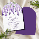 Convite Watercolor Wisteria Quarenta e Fabulosa Chic<br><div class="desc">Watercolor Wisteria 40 & Fabulous Floral Chic apresenta elegantes flores de wisteria de aquarela em lavanda macia e roxo com folhas verdes em fundo branco com suas informações de convite para aniversário de 40 anos. Personalize editando o texto nas caixas de texto fornecidas. Projetado por ©2024 Evco Studio www.zazzle.com/store/evcostudio</div>