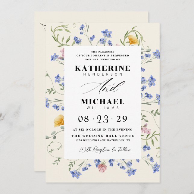 Convite Watercolor Wldflowers Meadow Details RSVP Wedding (Frente/Verso)