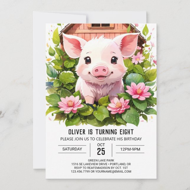 Convite Watercolor Wonderland Girl Pig Birthday (Frente)