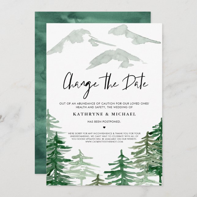 Convite Watercolor Woodland Altera o Adiamento de Data (Frente/Verso)