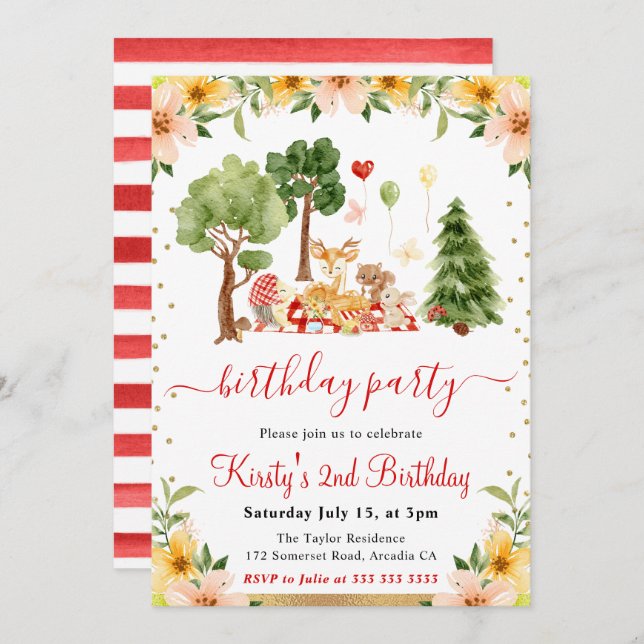 Convite Watercolor Woodland Animal Picnic Birday (Frente/Verso)