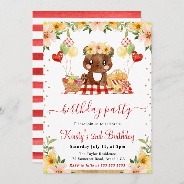 Convite Watercolor Woodland Bear Picnic Birday (Frente/Verso)