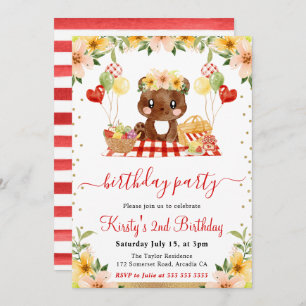 Convite Watercolor Woodland Bear Picnic Birday
