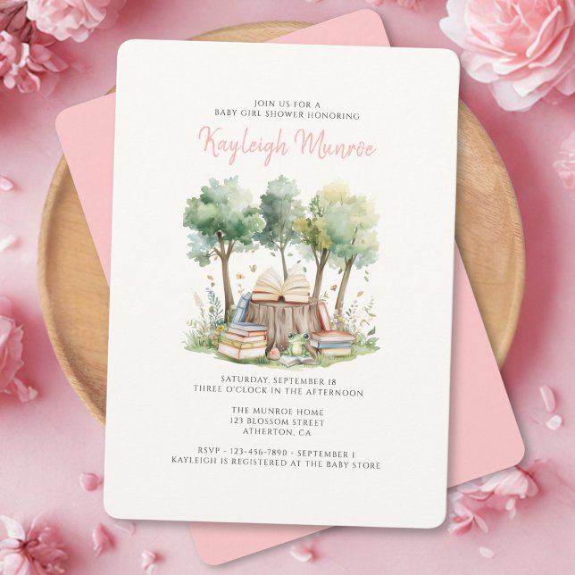 Convite Watercolor Woodland Forest Books Baby Girl Chá (Criador carregado)