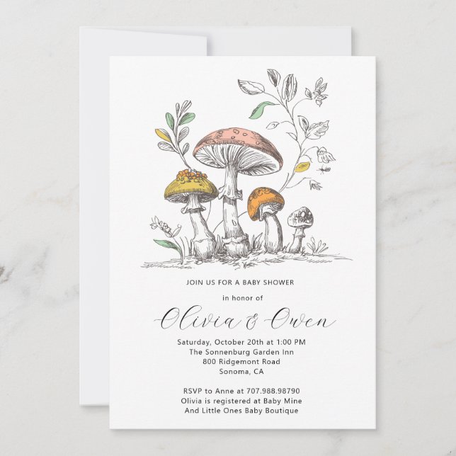 Convite Watercolor Woodland Mushrooms Baby Shower (Frente)