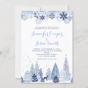 Convite Watercolor Woodland Snowflakes Casamento no invern