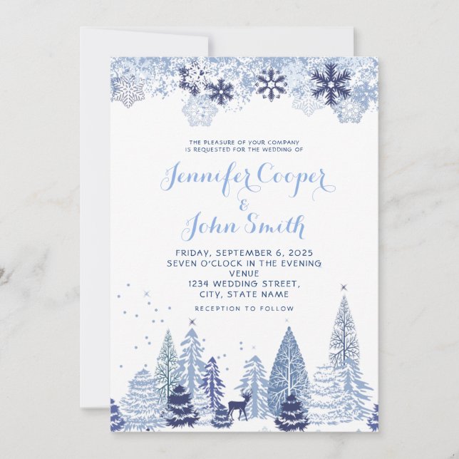 Convite Watercolor Woodland Snowflakes Casamento no invern (Frente)