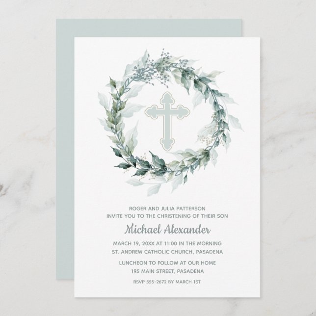 Convite Watercolor Wreath Blue Christening (Frente/Verso)