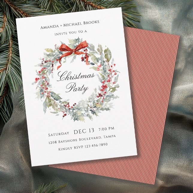 Convite Watercolor Wreath Red Bow Christmas Party (Available in both printed and instant download digital formats.)