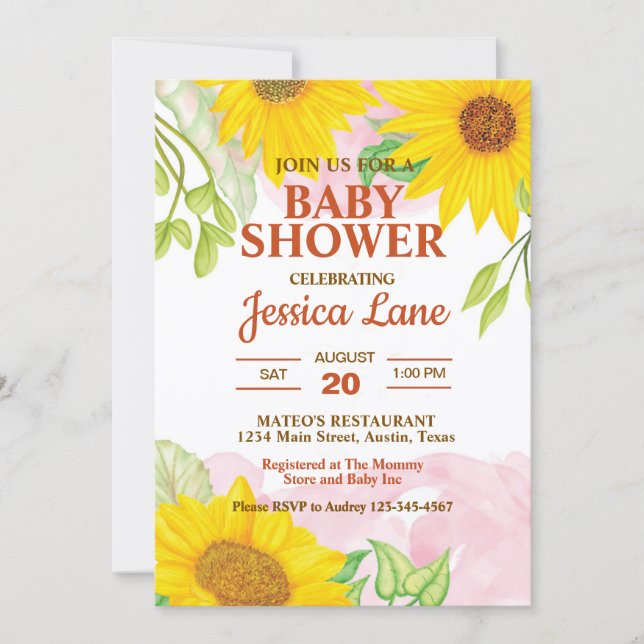 Convite Watercolor Yellow and Brown Sunflower Baby Shower (Frente)
