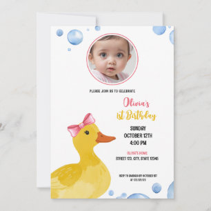 Convite Watercolor Yellow Duck Baby Girl Foto Aniversário