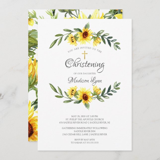 Convite Watercolor Yellow Sunflower Christening (Frente/Verso)
