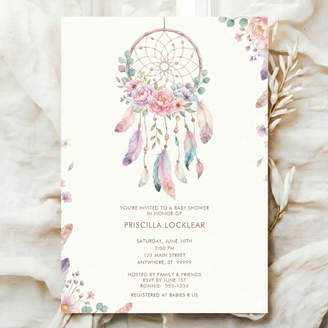 Convite watercolour Boho flower Dreamcatcher Baby Shower (Criador carregado)