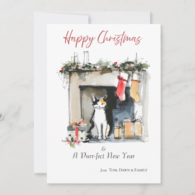 Convite Watercolour Cat-themed Sketch Christmas Card (Frente)