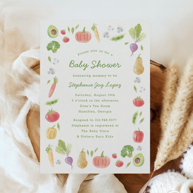 Convite Watercolour Veggies Farmer's Market Baby Shower (locally grown baby shower invitation with farmer's market theme - watercolour vegetables)