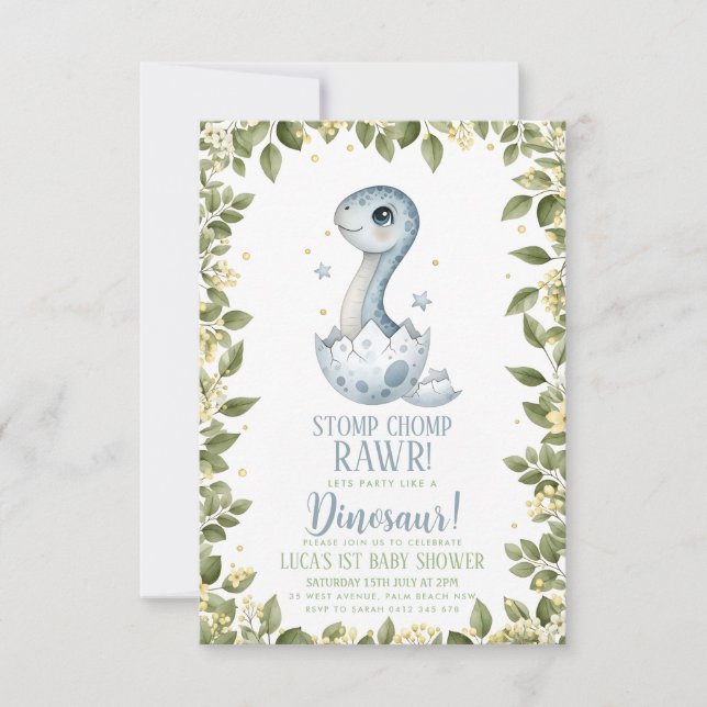 Convite watercolour wildflower Dinosaur Baby Shower (Frente)
