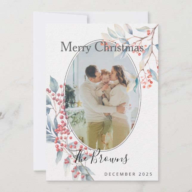 Convite Watercolour Winter Berries Photo Christmas Card (Frente)