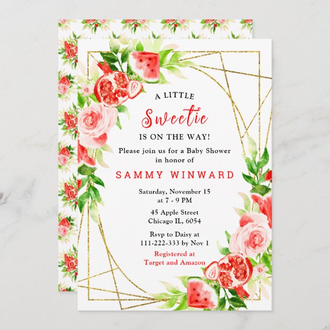 Convite Watermelon and Pomegranate Baby Shower (Frente/Verso)