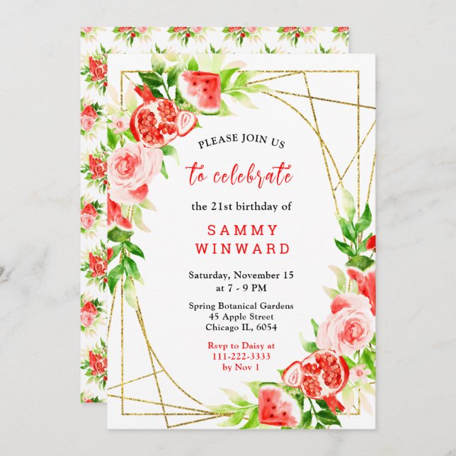 Convite Watermelon and Pomegranate Birthday (Frente/Verso)