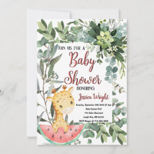 Convite Watermelon Baby Giraffe Watercolor Chá de fraldas