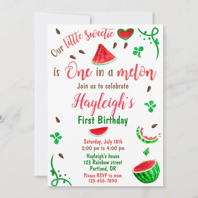 Convite Watermelon birthday invitation Girl first birthday (Frente)
