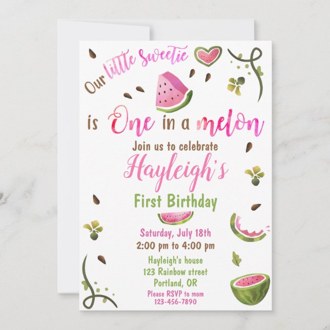 Convite Watermelon birthday invitation One in a melon girl (Frente)