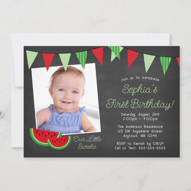 Convite Watermelon Chalkboard Photo Birthday (Frente)