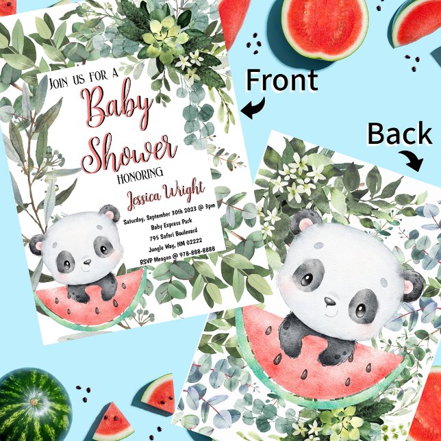 Convite Watermelon Panda Watercolor Chá de fraldas (Watermelon Panda Evergreen Jungle Baby Shower Invitations)