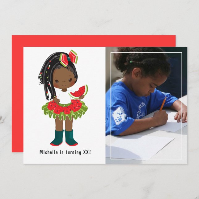 Convite Watermelon Tutu American Black Girl Festa de anive (Frente/Verso)