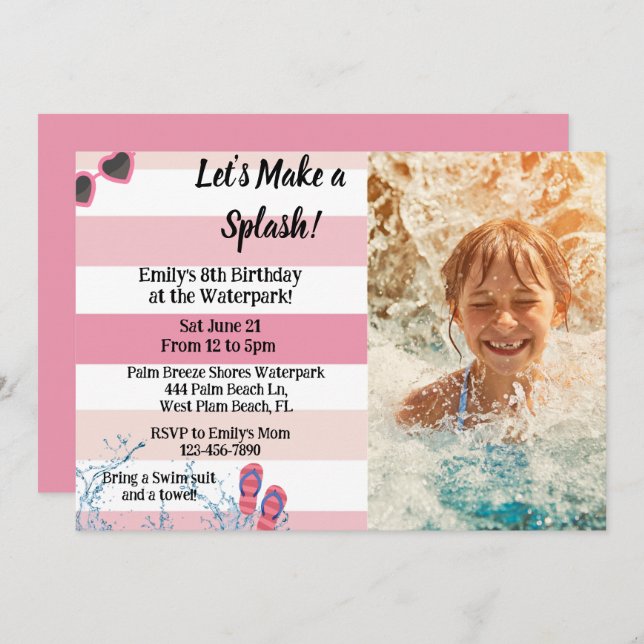 Convite Waterpark Birthday Piscina Verão Girassol Aniversá (Frente/Verso)