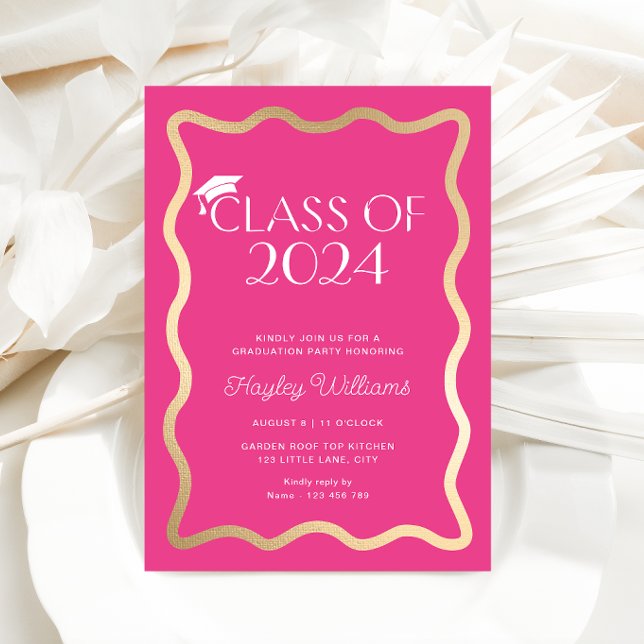 Convite Wave Hot Pink Festa de formatura (Graduation Party Invitation Wave Hot Pink Gold)