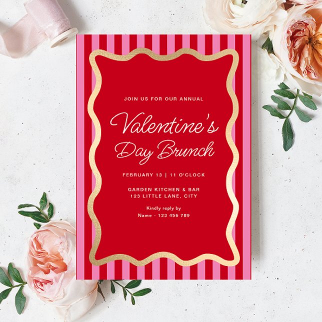 Convite Wave Red Pink Strich Dia de os namorados Brunch (Valentines Brunch Invitation Hot Pink Red Stripe)