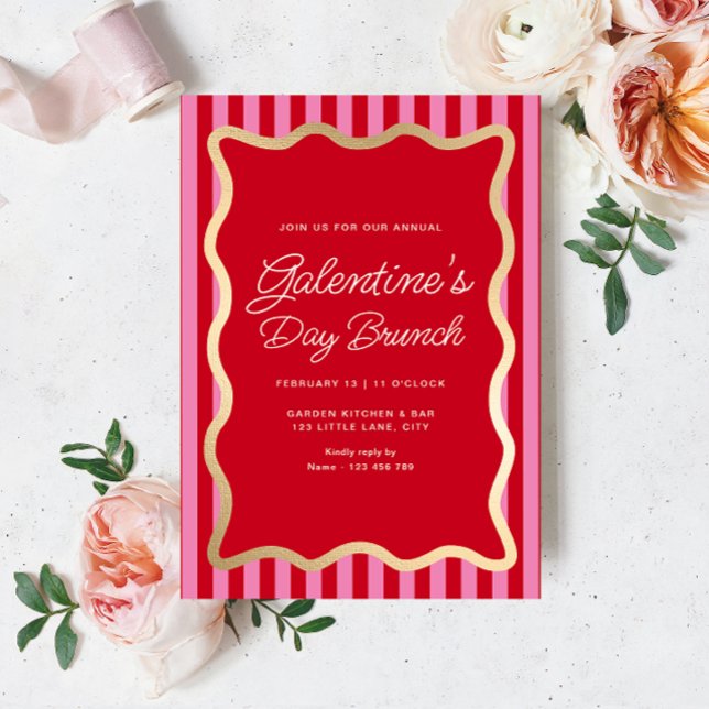 Convite Wave Red Pink Stripe Galentine Day Brunch (Galentines Brunch Invitation Hot Pink Stripe)