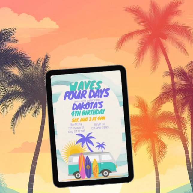 Convite Waves Four Days Surf Van 4th Birthday (Criador carregado)