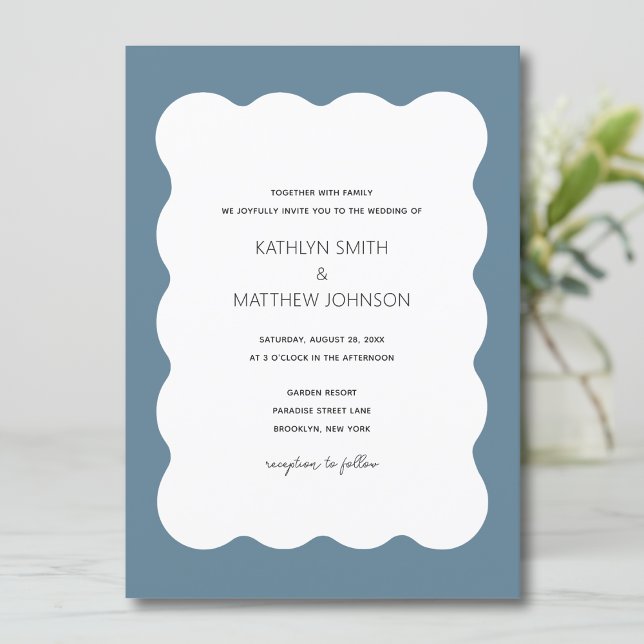 Convite Wavy Border Modern Retro Dusty Blue Weding (Criador carregado)