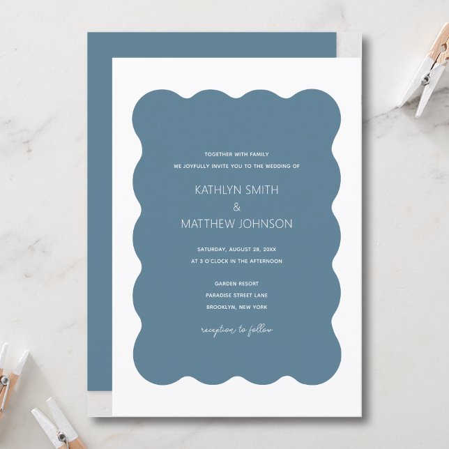 Convite Wavy Border Modern Retro Dusty Blue Weding (Criador carregado)